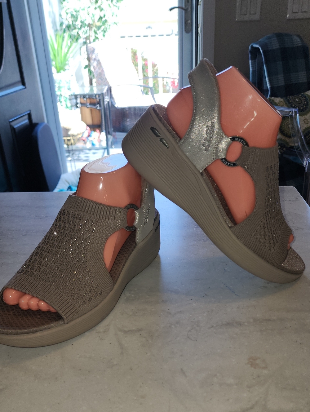8.5 Sketchers Martha Stewart Taupe Knit Wedge Sandals with Silver Accent